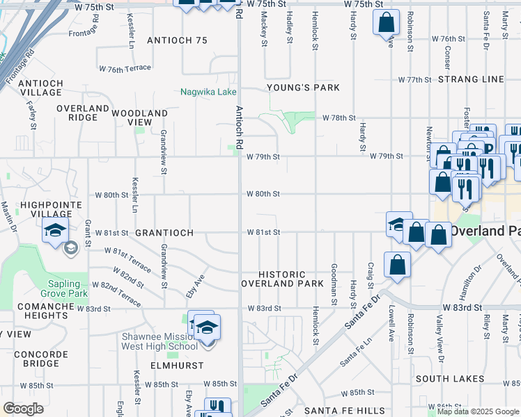 map of restaurants, bars, coffee shops, grocery stores, and more near 8505 West 80th Street in Overland Park