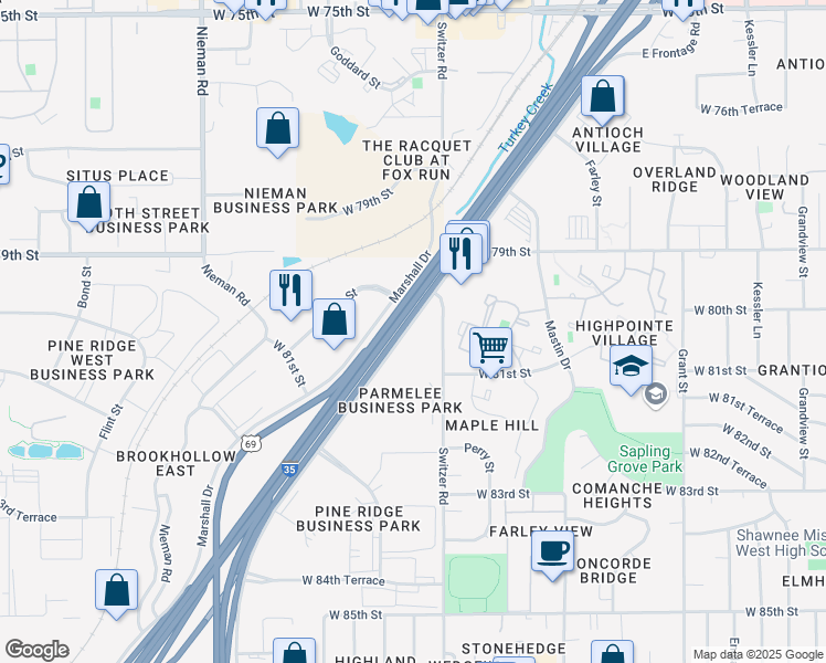 map of restaurants, bars, coffee shops, grocery stores, and more near 8015 Lenexa Drive in Lenexa