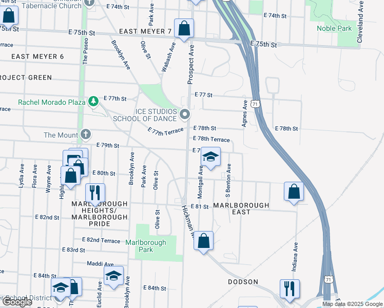 map of restaurants, bars, coffee shops, grocery stores, and more near 7901 Prospect Avenue in Kansas City