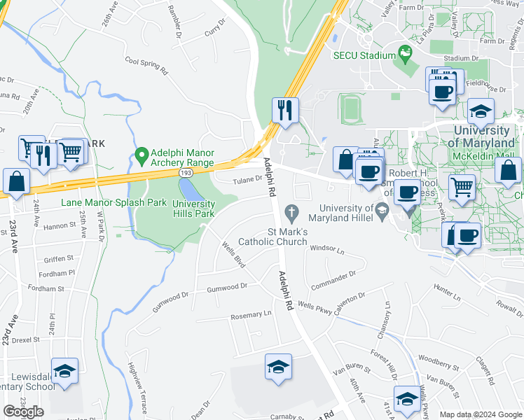 map of restaurants, bars, coffee shops, grocery stores, and more near 3424 Rutgers Street in Hyattsville