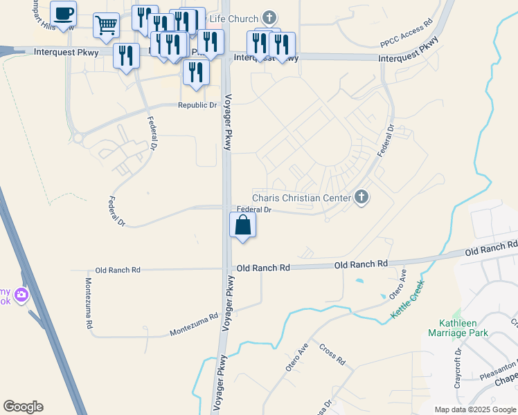 map of restaurants, bars, coffee shops, grocery stores, and more near 10168 Federal Drive in Colorado Springs
