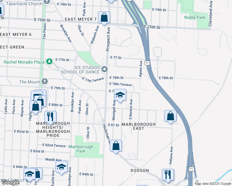 map of restaurants, bars, coffee shops, grocery stores, and more near 7901 Prospect Avenue in Kansas City