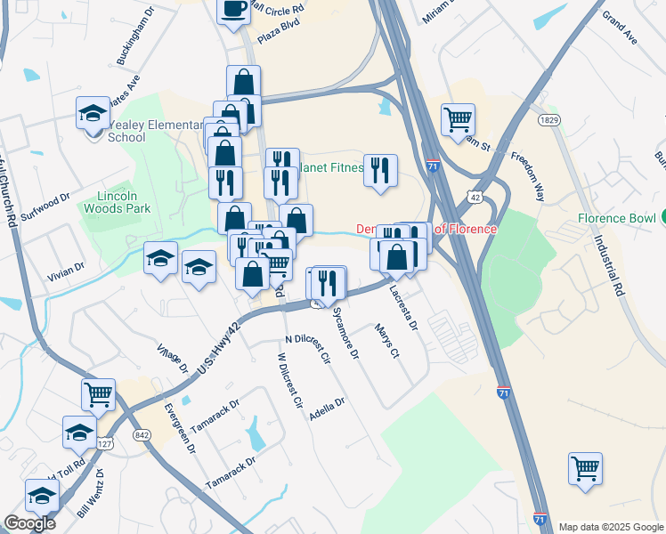 map of restaurants, bars, coffee shops, grocery stores, and more near 8120 Diane Drive in Florence