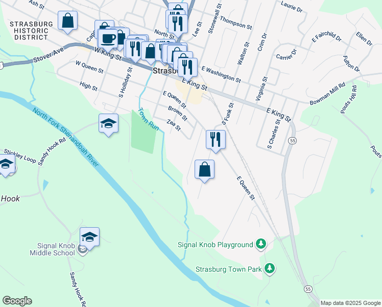 map of restaurants, bars, coffee shops, grocery stores, and more near 338 Royal Avenue in Strasburg
