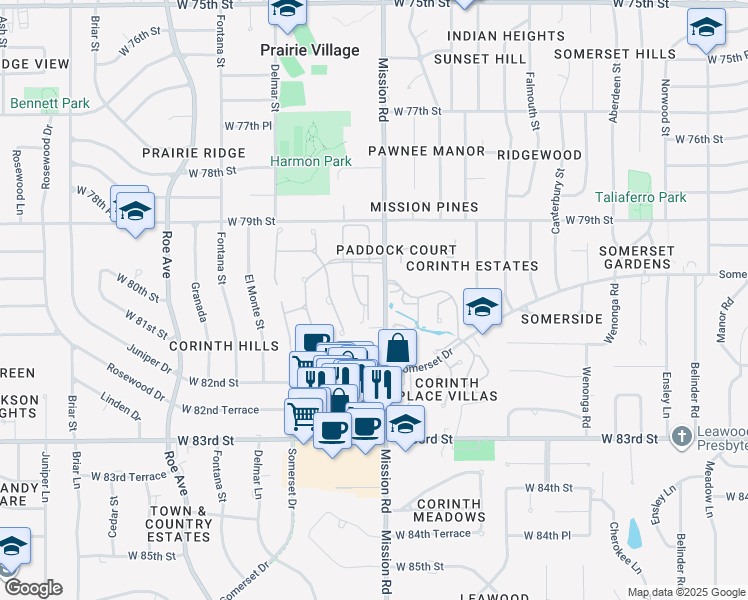 map of restaurants, bars, coffee shops, grocery stores, and more near 33 Compton Court in Prairie Village