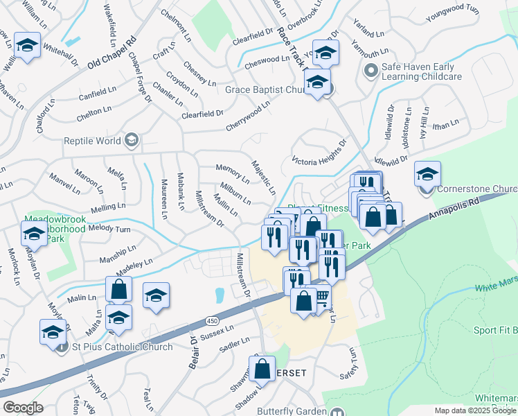 map of restaurants, bars, coffee shops, grocery stores, and more near 12629 Milburn Lane in Bowie