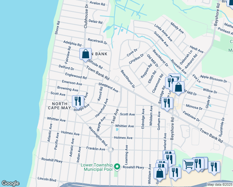 map of restaurants, bars, coffee shops, grocery stores, and more near 101 Mallard Place in Lower Township