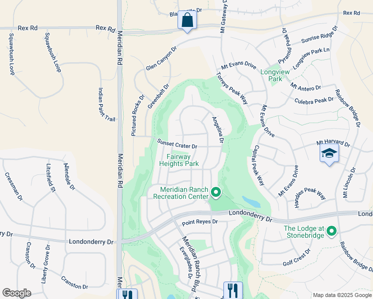 map of restaurants, bars, coffee shops, grocery stores, and more near 12065 Sunset Crater Drive in Peyton