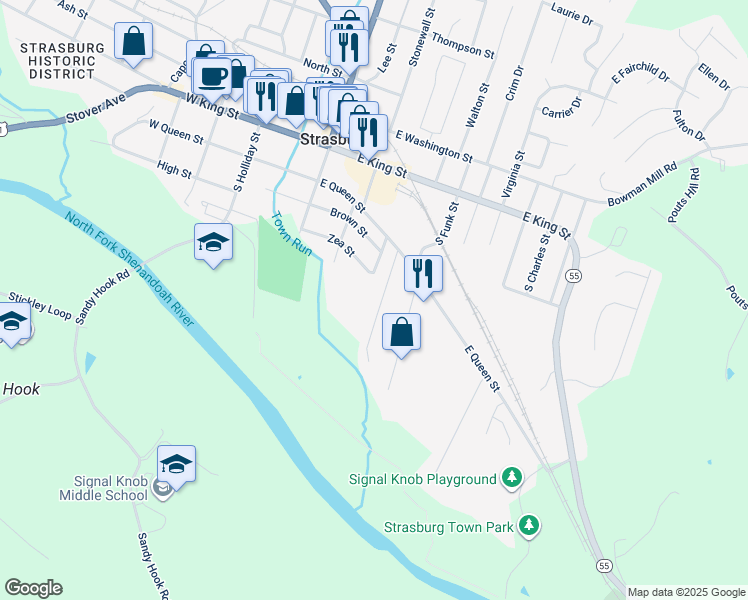 map of restaurants, bars, coffee shops, grocery stores, and more near 338 Royal Avenue in Strasburg