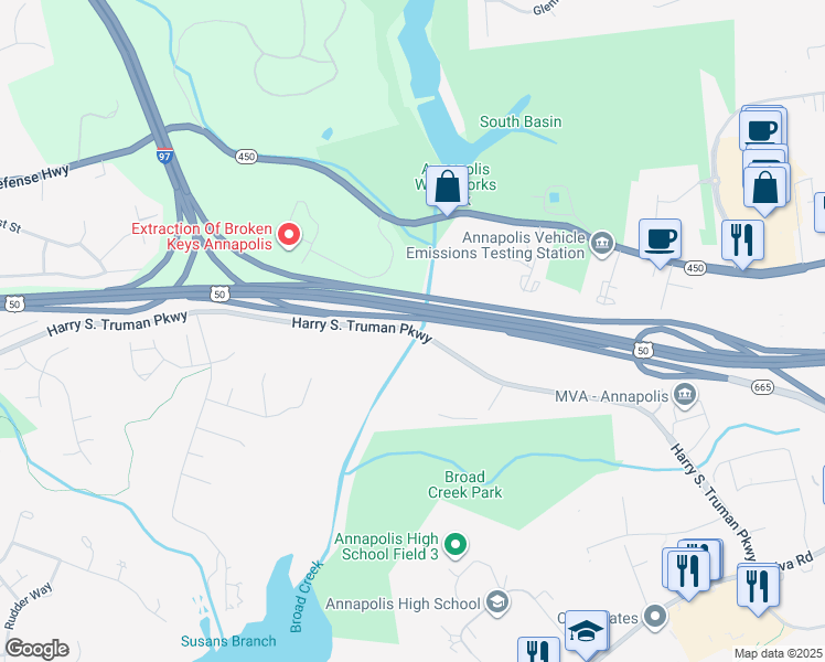 map of restaurants, bars, coffee shops, grocery stores, and more near 1 Harry S. Truman Parkway in Annapolis