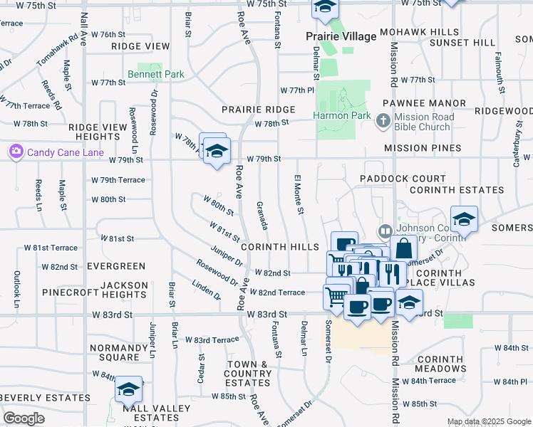 map of restaurants, bars, coffee shops, grocery stores, and more near 8017 Granada in Prairie Village
