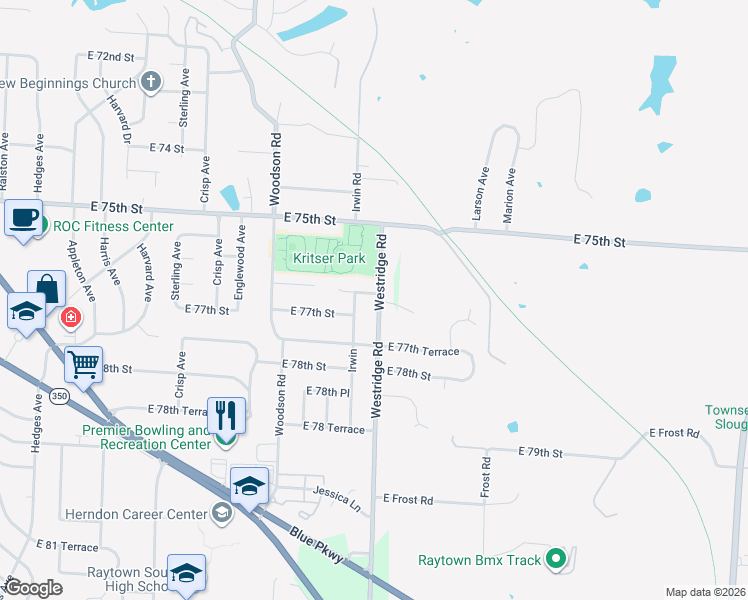 map of restaurants, bars, coffee shops, grocery stores, and more near 11909 East 76th Terrace in Raytown