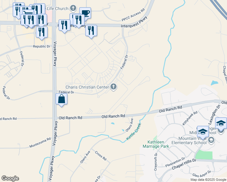 map of restaurants, bars, coffee shops, grocery stores, and more near 10285 Federal Drive in Colorado Springs