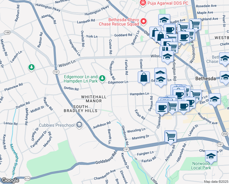 map of restaurants, bars, coffee shops, grocery stores, and more near 7401 Glenbrook Road in Bethesda