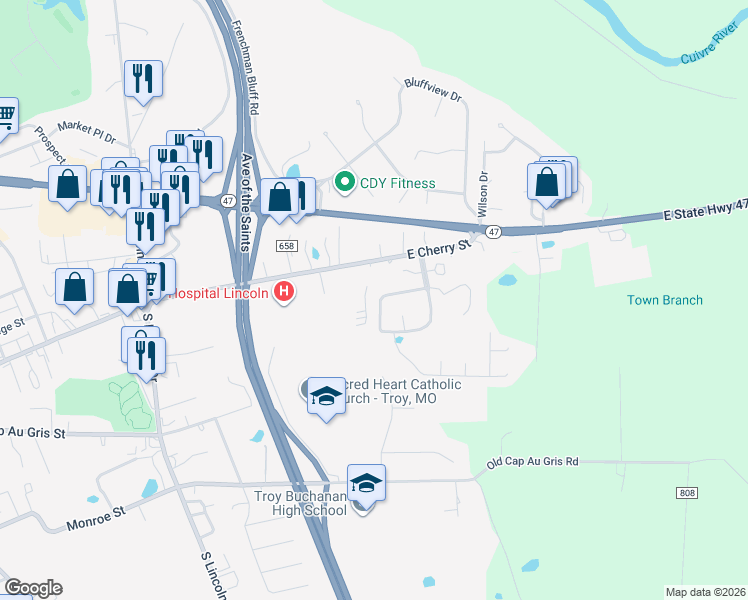 map of restaurants, bars, coffee shops, grocery stores, and more near 227 Carrington Boulevard in Troy
