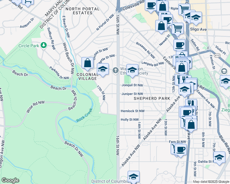 map of restaurants, bars, coffee shops, grocery stores, and more near 7700 16th Street Northwest in Washington