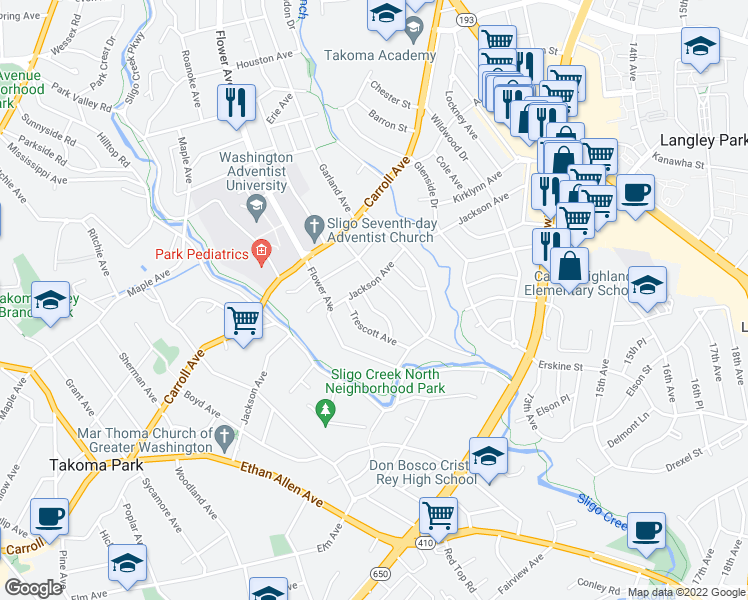 map of restaurants, bars, coffee shops, grocery stores, and more near 7305 Hilton Avenue in Takoma Park