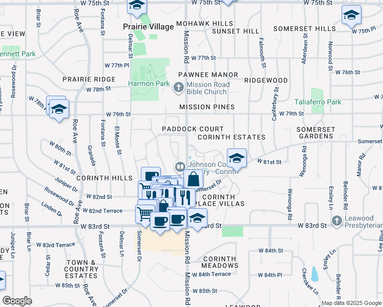 map of restaurants, bars, coffee shops, grocery stores, and more near 8018 Mohawk Street in Prairie Village