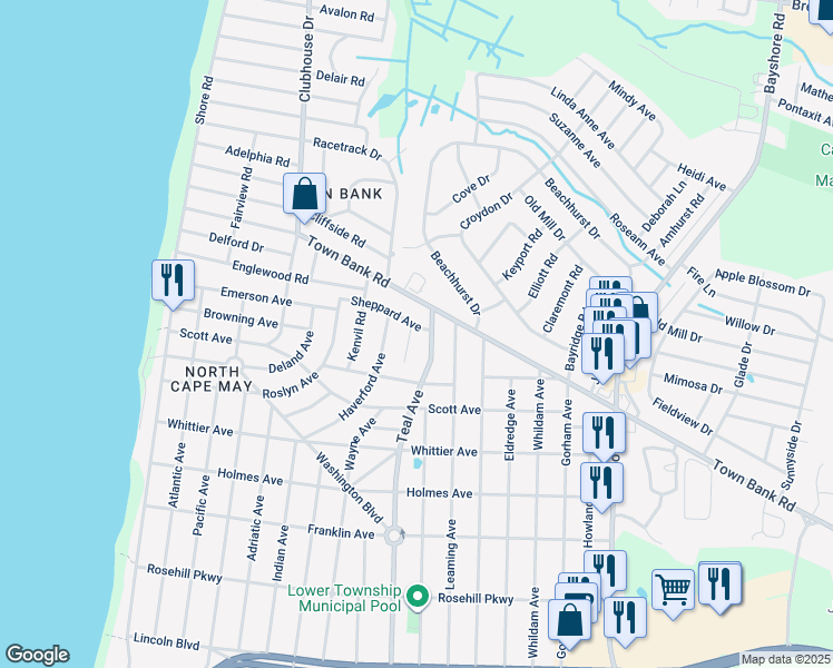 map of restaurants, bars, coffee shops, grocery stores, and more near 101 Mallard Place in Lower Township
