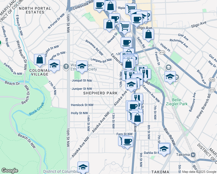 map of restaurants, bars, coffee shops, grocery stores, and more near 1305 Juniper Street Northwest in Washington