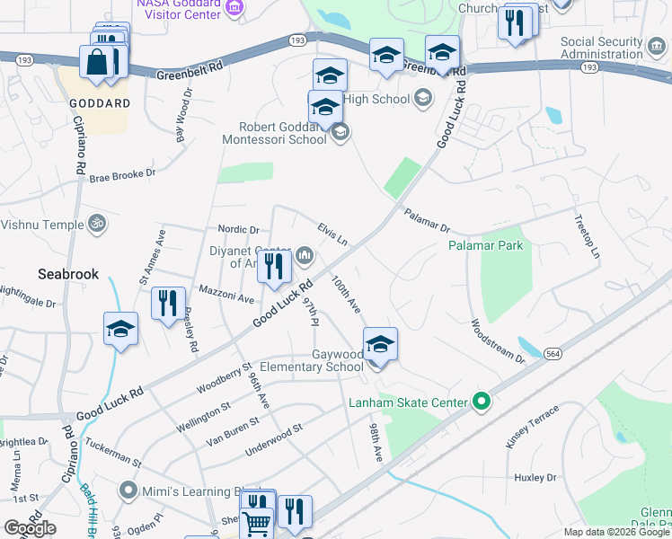 map of restaurants, bars, coffee shops, grocery stores, and more near 9715 Good Luck Road in Lanham