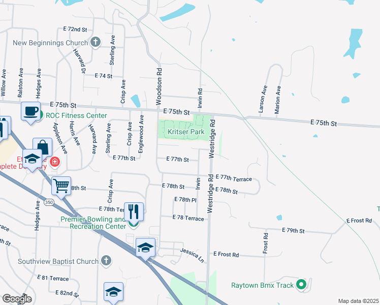 map of restaurants, bars, coffee shops, grocery stores, and more near 11801 East 76th Terrace in Raytown