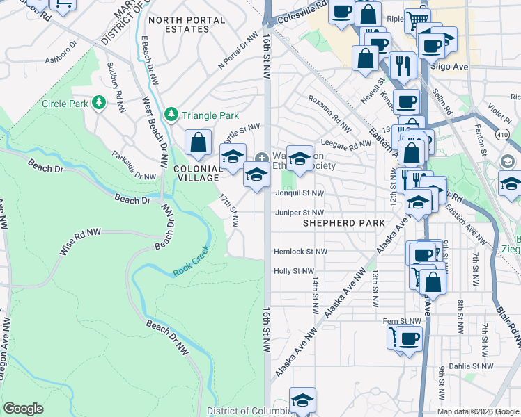 map of restaurants, bars, coffee shops, grocery stores, and more near 7700 16th Street Northwest in Washington