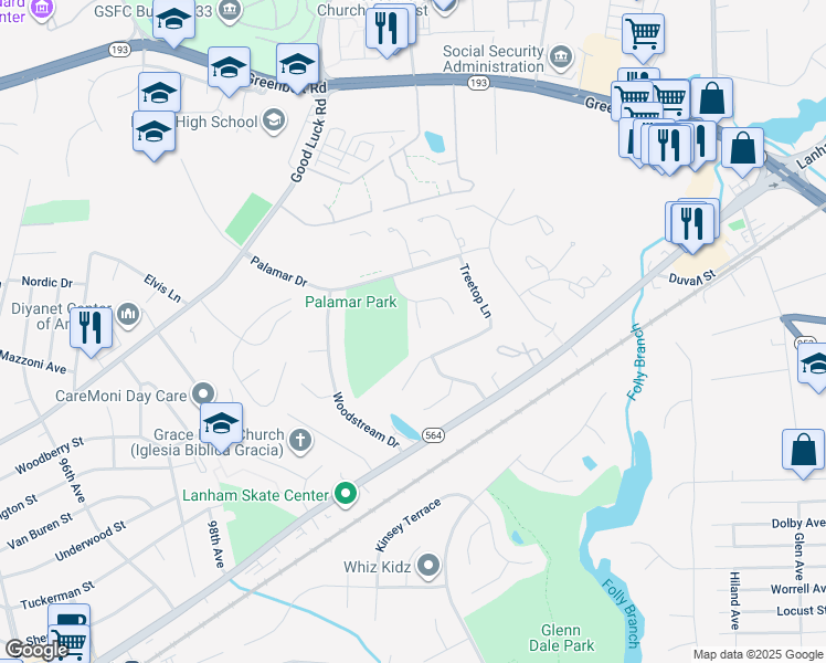 map of restaurants, bars, coffee shops, grocery stores, and more near 6702 Kerman Court in Lanham