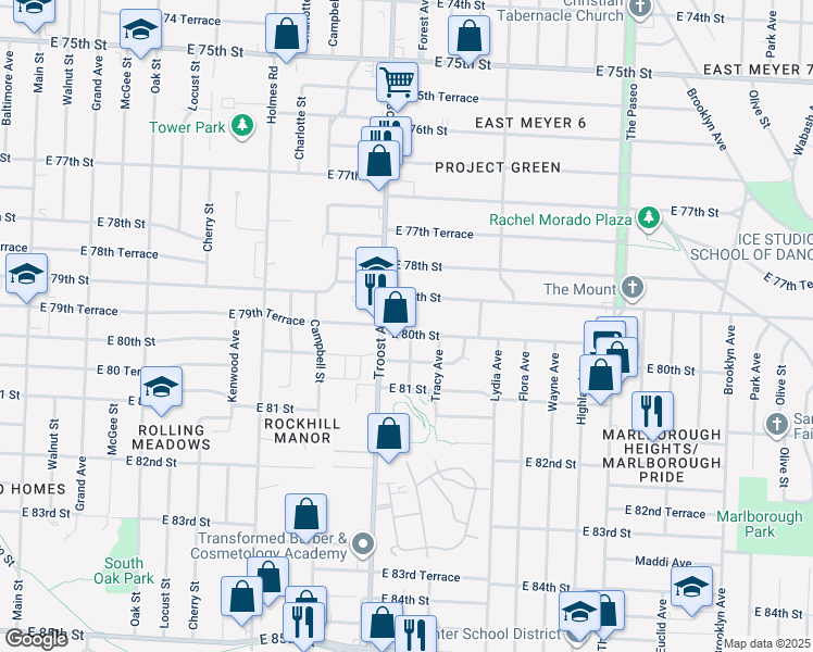 map of restaurants, bars, coffee shops, grocery stores, and more near 1120 East 80th Street in Kansas City