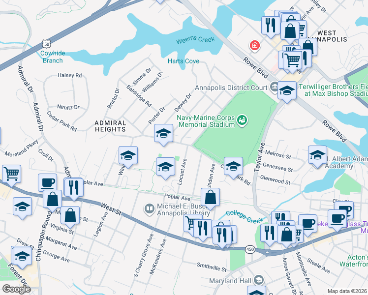 map of restaurants, bars, coffee shops, grocery stores, and more near 331 Locust Avenue in Annapolis