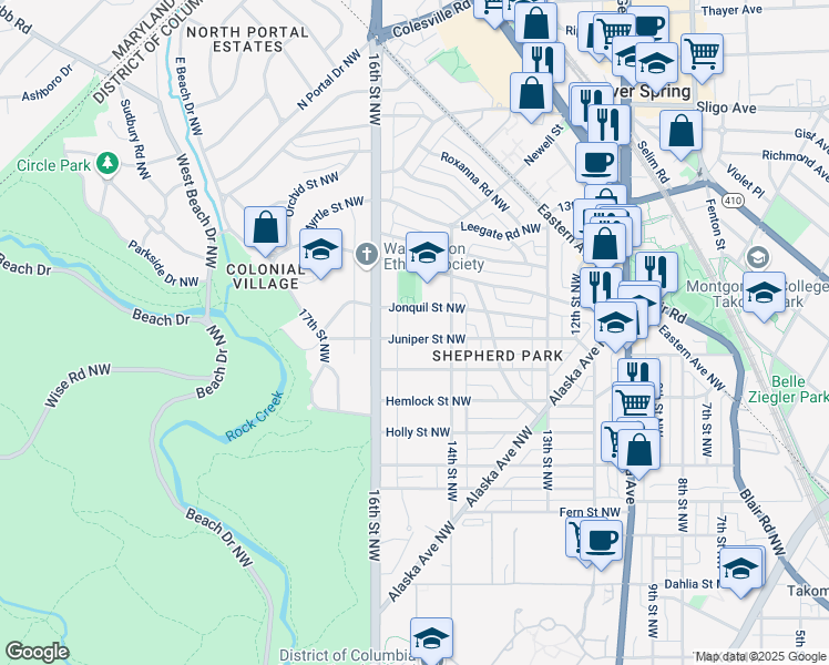 map of restaurants, bars, coffee shops, grocery stores, and more near 1429 Juniper Street Northwest in Washington