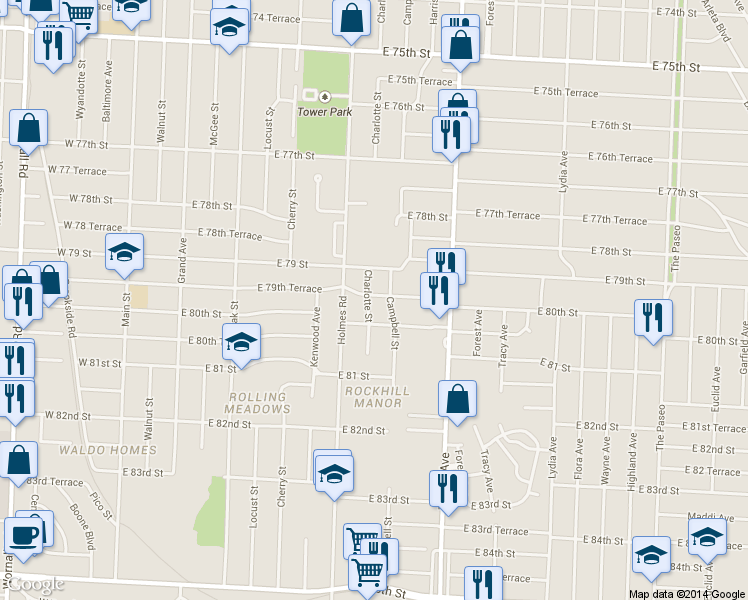 map of restaurants, bars, coffee shops, grocery stores, and more near 7927 Charlotte Street in Kansas City