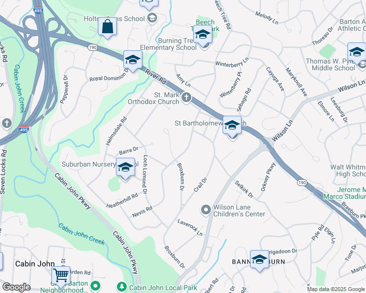 map of restaurants, bars, coffee shops, grocery stores, and more near 7308 Nevis Road in Bethesda