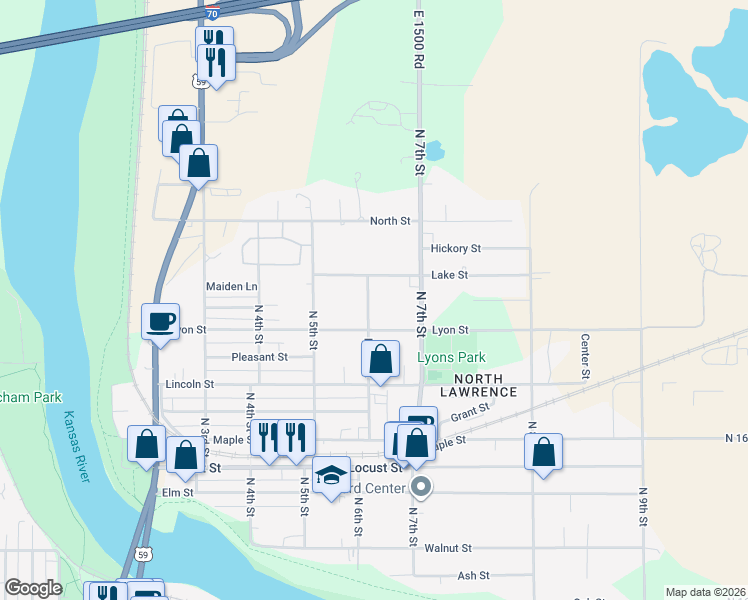 map of restaurants, bars, coffee shops, grocery stores, and more near 722 North 6th Street in Lawrence