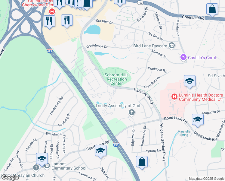 map of restaurants, bars, coffee shops, grocery stores, and more near 6630 Lake Park Drive in Greenbelt