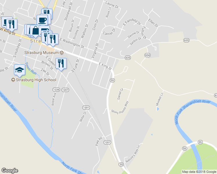 map of restaurants, bars, coffee shops, grocery stores, and more near 94 Front Royal Road in Strasburg