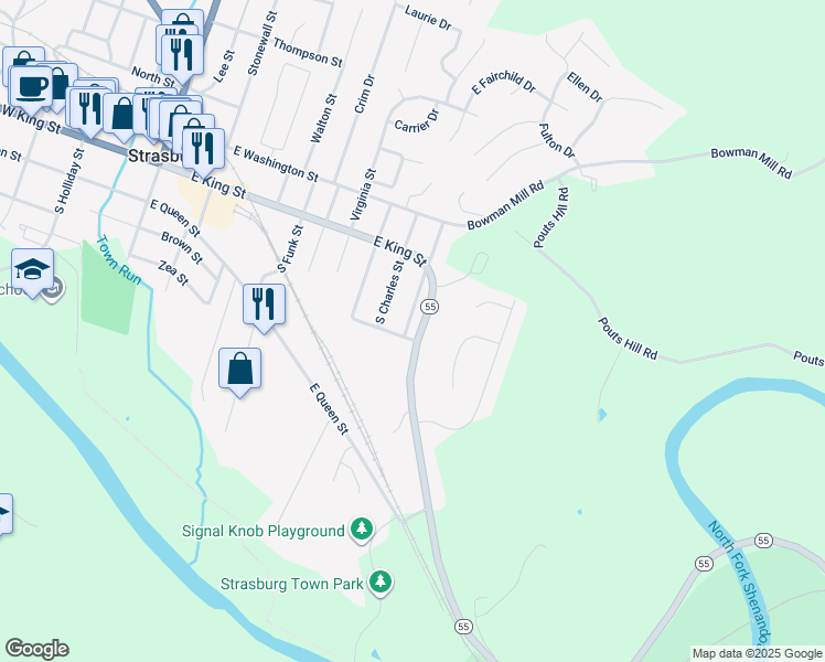 map of restaurants, bars, coffee shops, grocery stores, and more near 94 Front Royal Road in Strasburg