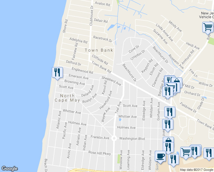 map of restaurants, bars, coffee shops, grocery stores, and more near 109 Kenvil Road in North Cape May