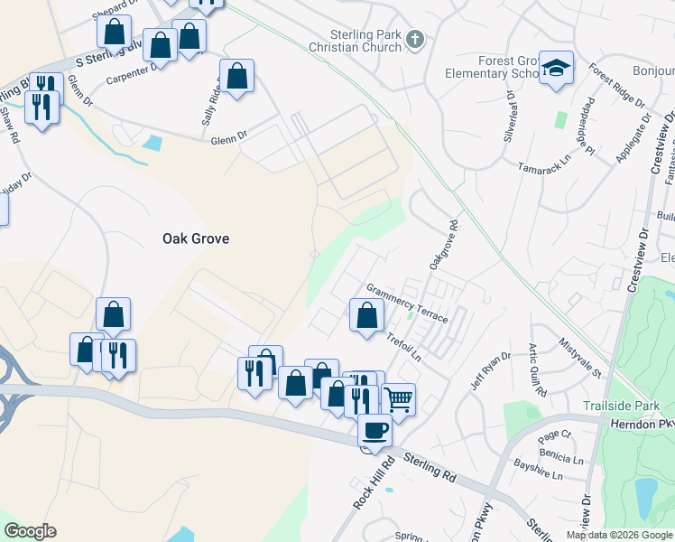 map of restaurants, bars, coffee shops, grocery stores, and more near 22879 Lacey Oak Terrace in Sterling