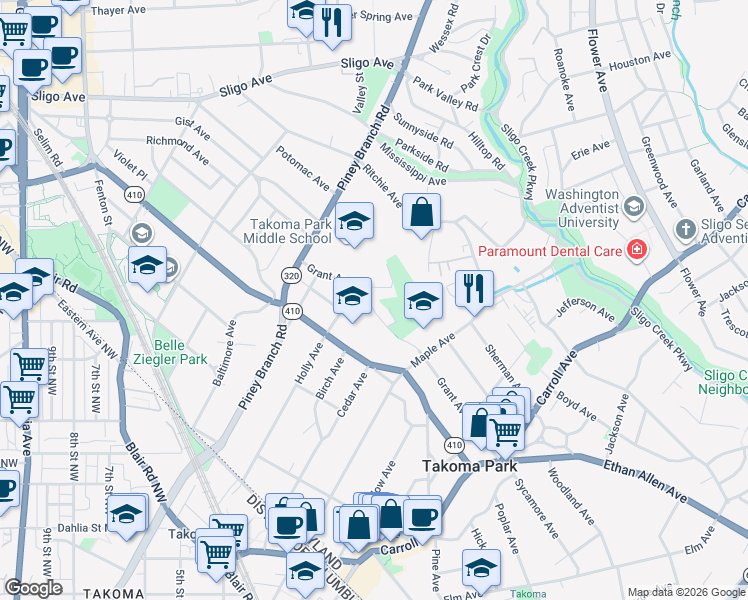 map of restaurants, bars, coffee shops, grocery stores, and more near 231 Grant Avenue in Takoma Park