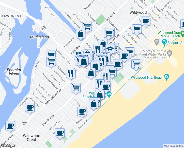 map of restaurants, bars, coffee shops, grocery stores, and more near 146 East Taylor Avenue in Wildwood