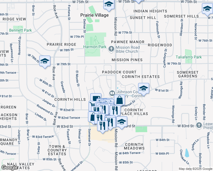 map of restaurants, bars, coffee shops, grocery stores, and more near 22 Compton Court in Prairie Village
