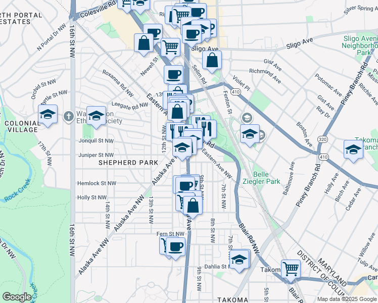 map of restaurants, bars, coffee shops, grocery stores, and more near 7717 Georgia Ave in Washington