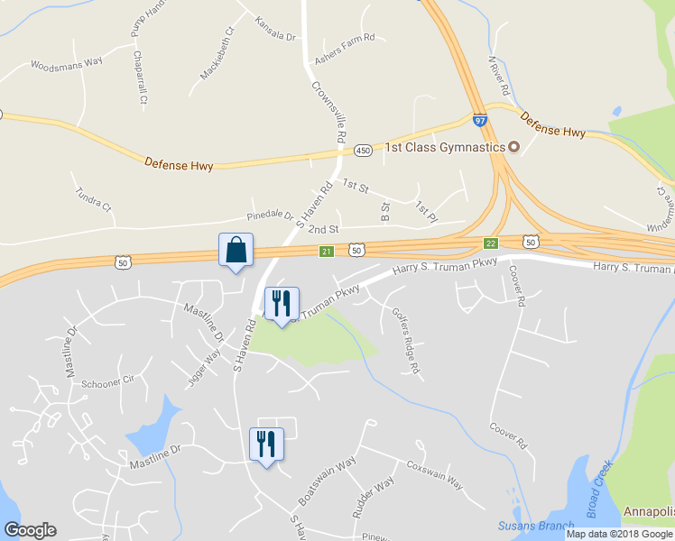 map of restaurants, bars, coffee shops, grocery stores, and more near 2541 Mission Hills Court in Annapolis