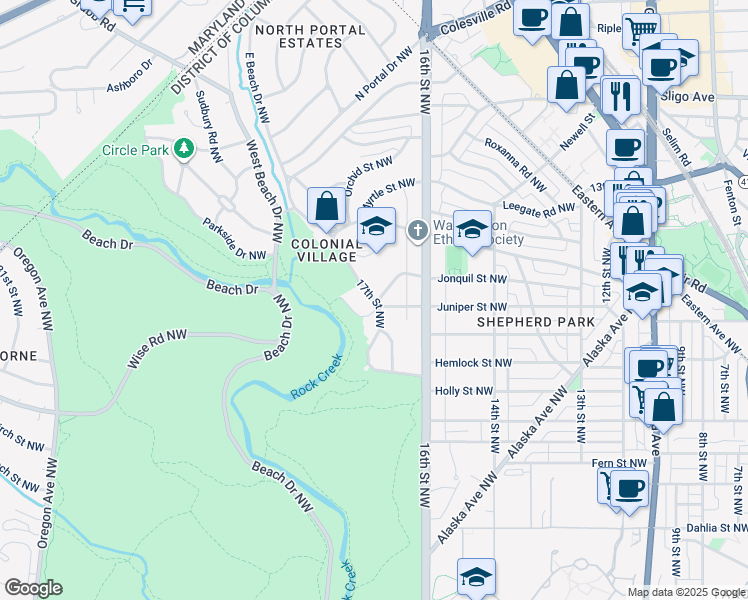 map of restaurants, bars, coffee shops, grocery stores, and more near 17th Street Northwest in Washington