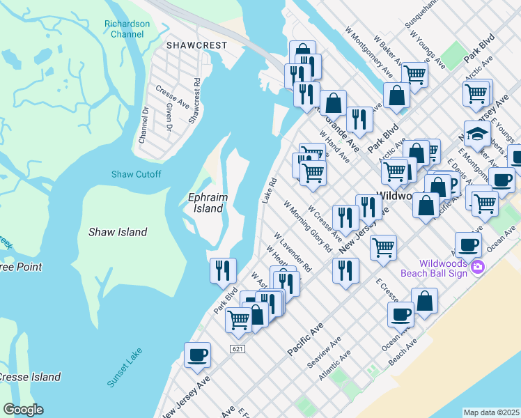map of restaurants, bars, coffee shops, grocery stores, and more near 5606 Lake Road in Wildwood Crest