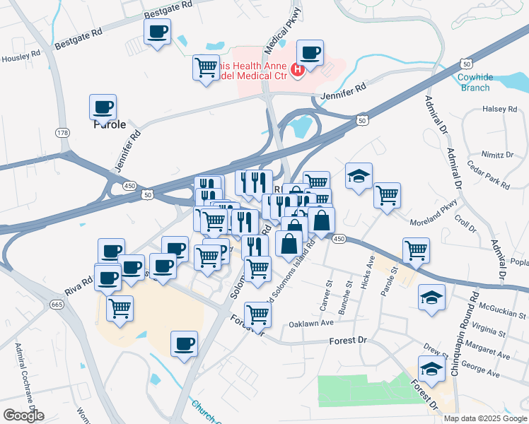 map of restaurants, bars, coffee shops, grocery stores, and more near 2442 Cedar Avenue in Annapolis