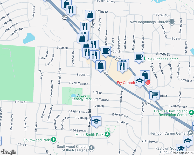 map of restaurants, bars, coffee shops, grocery stores, and more near 7705 Raytown Road in Raytown