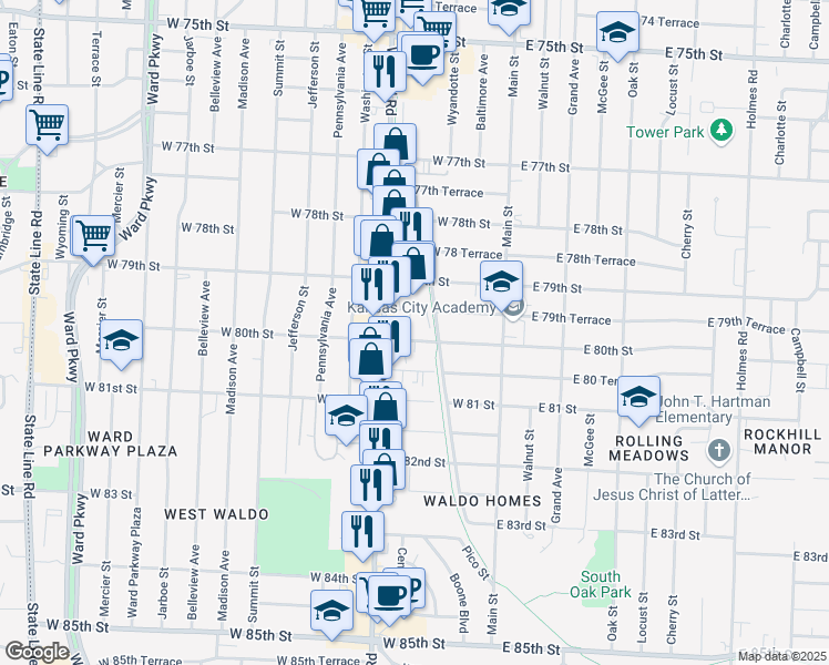 map of restaurants, bars, coffee shops, grocery stores, and more near 310 West 80th Street in Kansas City