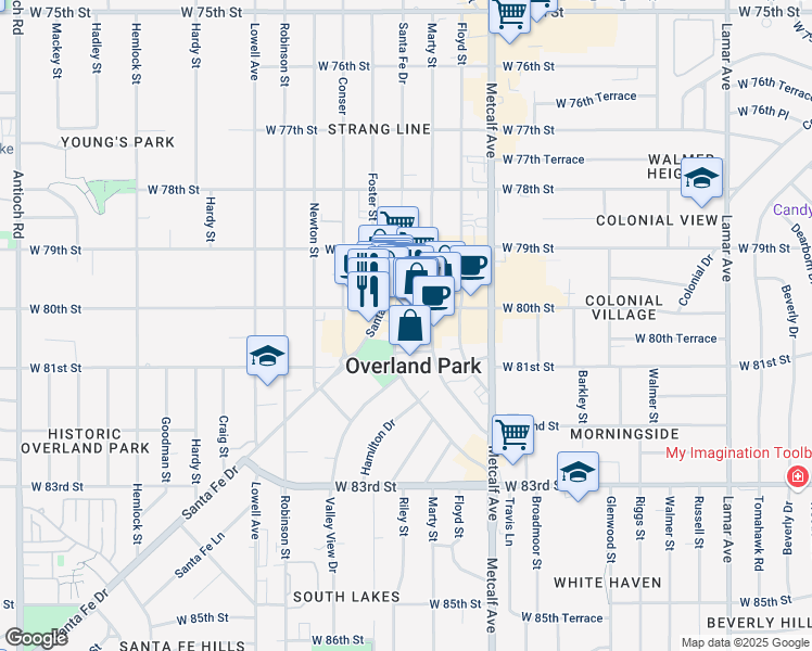 map of restaurants, bars, coffee shops, grocery stores, and more near 8007 Overland Park Dr in Overland Park